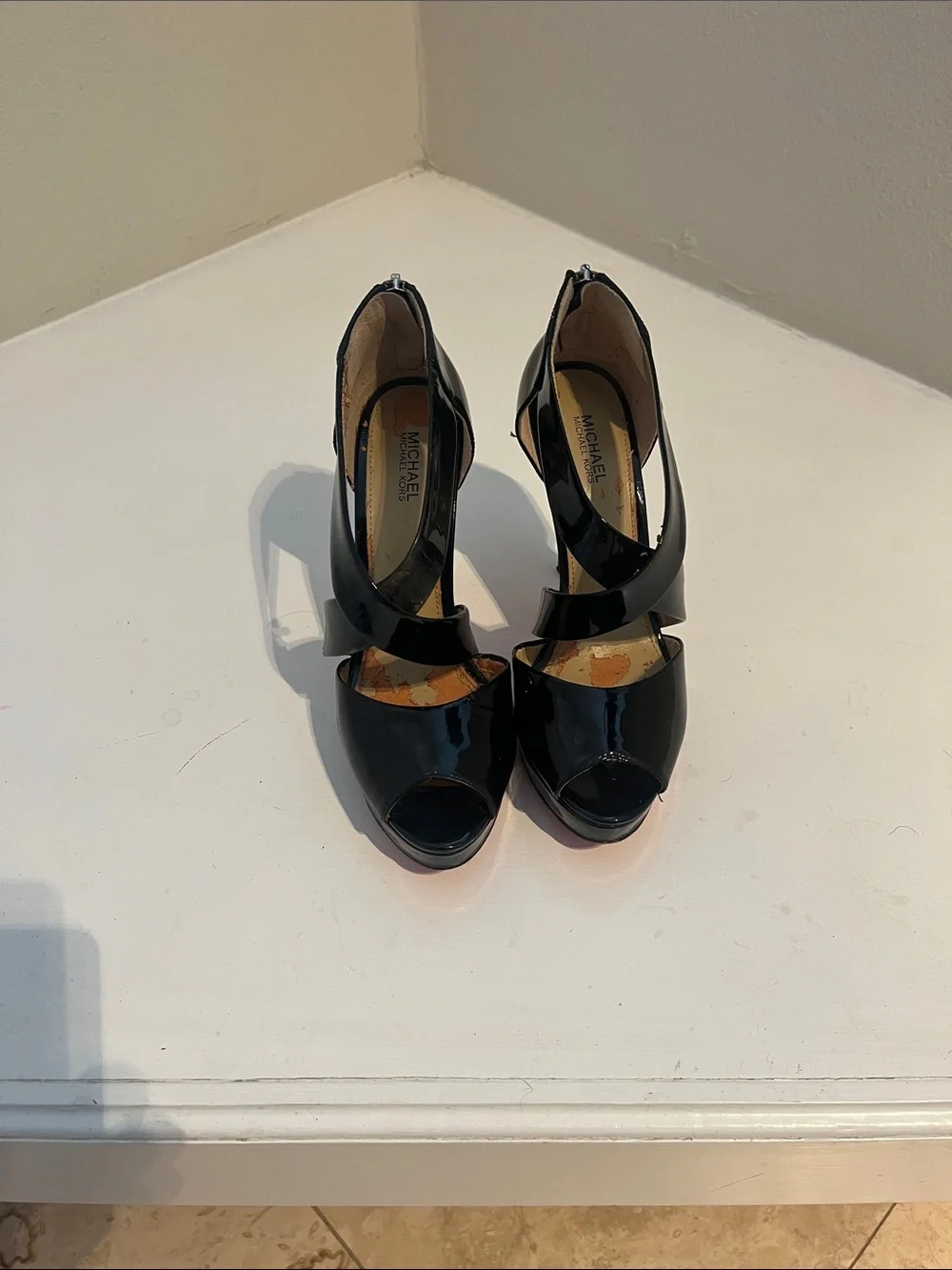 Michael Kors Black Patent Cross-Strap Peep-Toe Platform Heels w/red bottoms!
